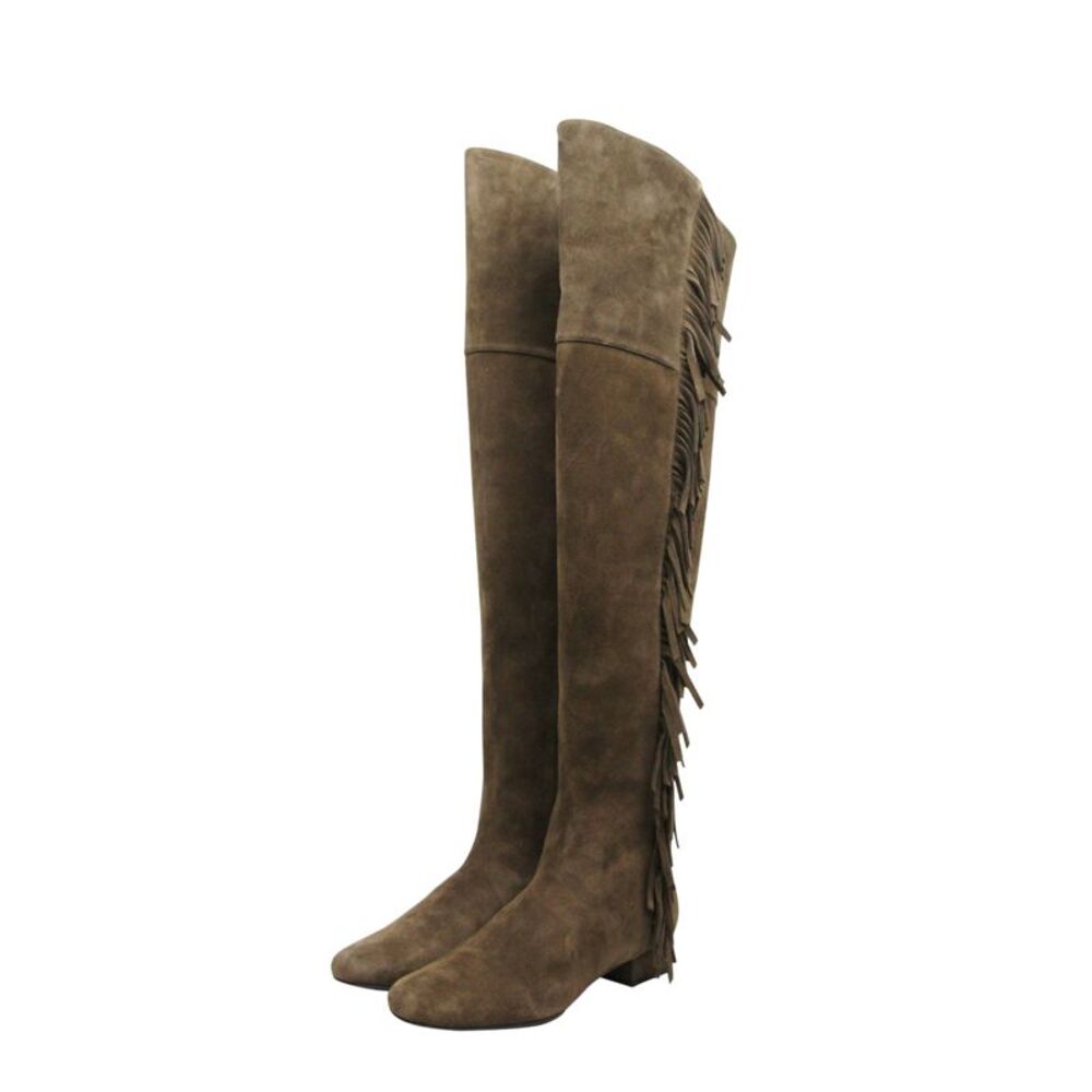 Saint Laurent Women's Over The Knee Brown Suede Fringed Boots (37 EU / 7 US) - Picture 2 of 8